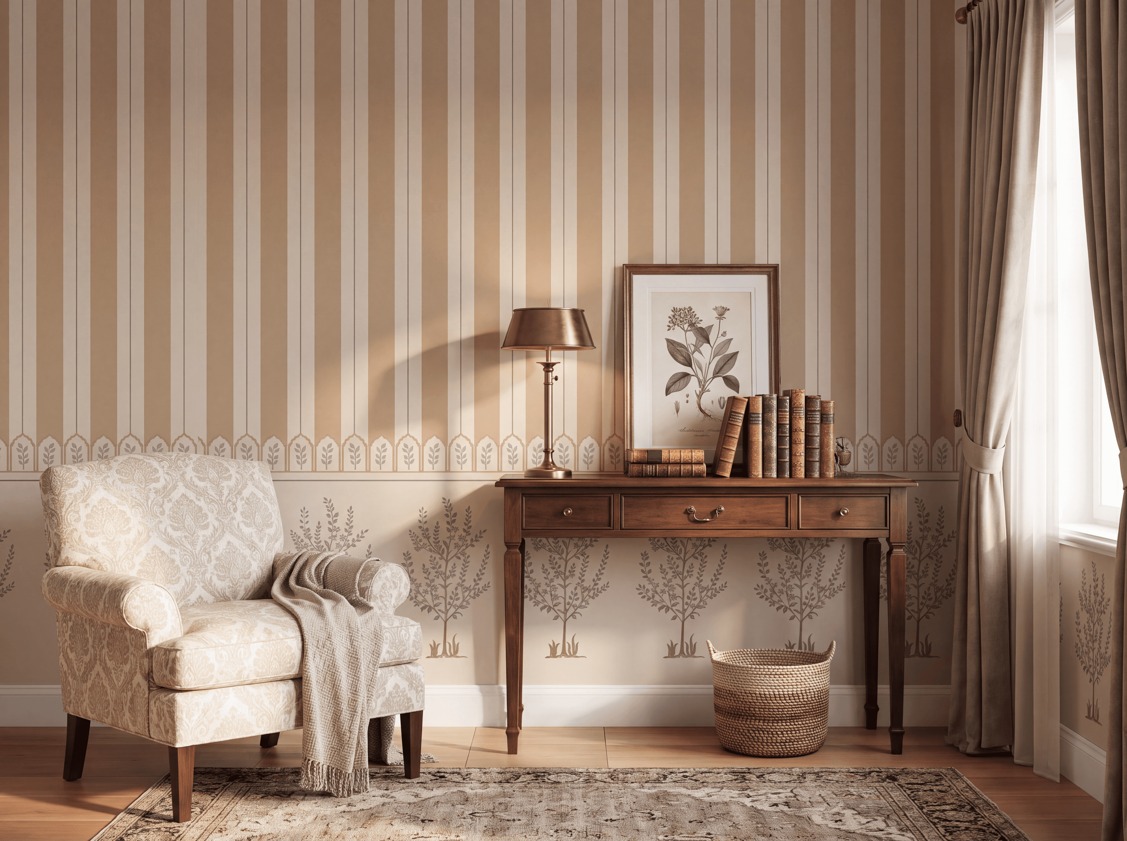 Coffee Stripe Topiary Wallpaper